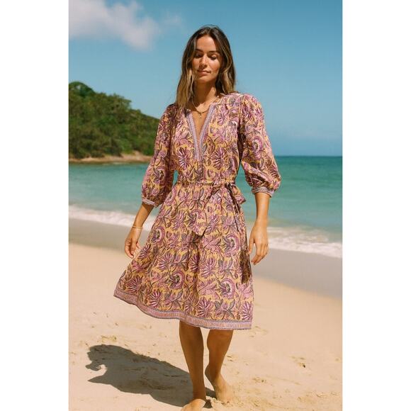 Lola Australia Pacific Dress Malta Pink Yellow Floral Boho Midi XS - Picture 1 of 15